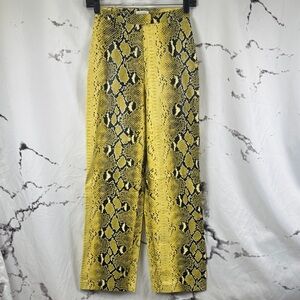 Mistress Rocks Wide-Leg Pants Yellow Snake Print Faux Patent Leather Flat Front